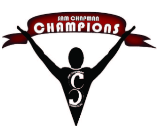 silhouette of person holding a banner high, banner reads Sam Chapman Champions